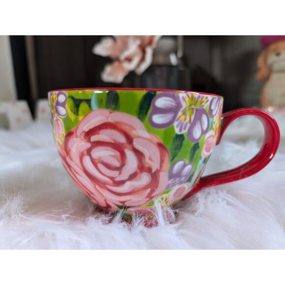 Potter's Studio Footed Coffee Red Mug with Beautiful Colorful Flowers New - Picture 3 of 9